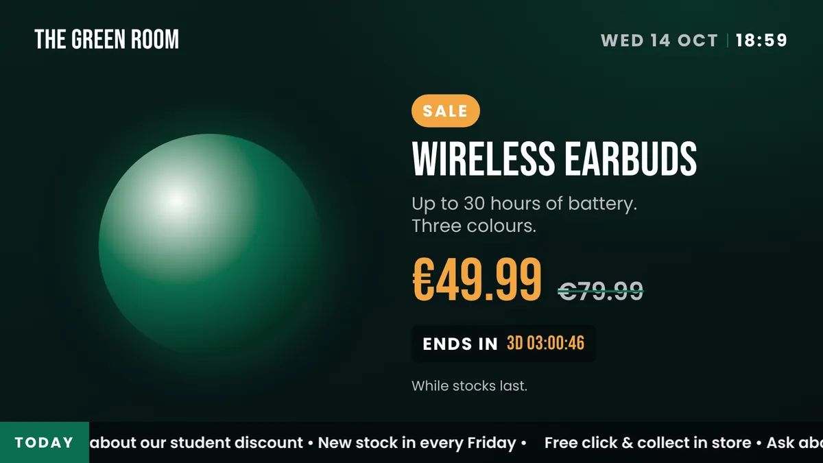 The offer screen in a venue’s own green and gold colours and fonts, with its name at the top