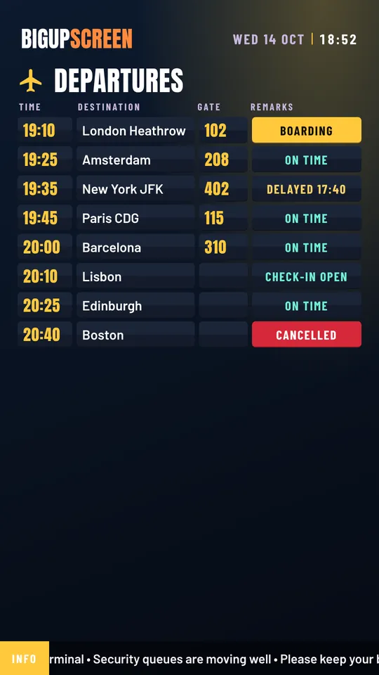 A departures board on a portrait screen