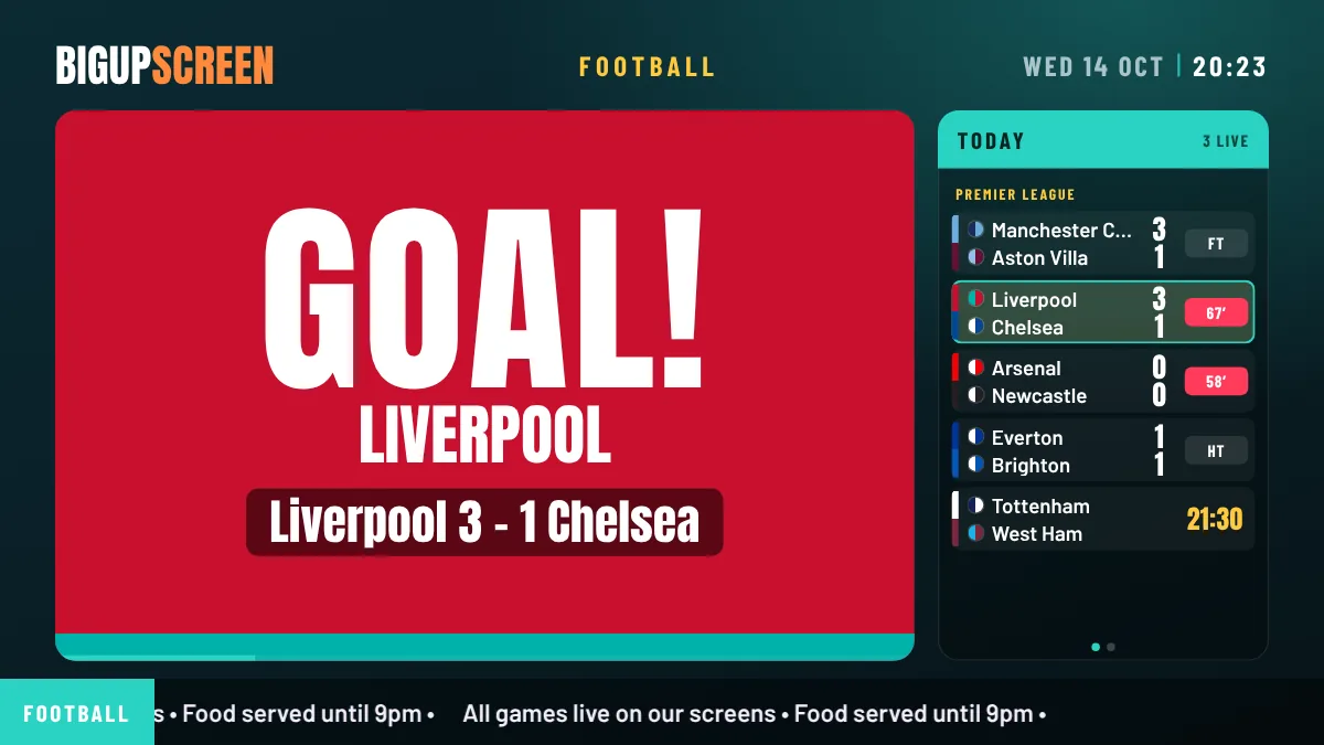 A full-screen GOAL! card in the scoring team’s colours (example)