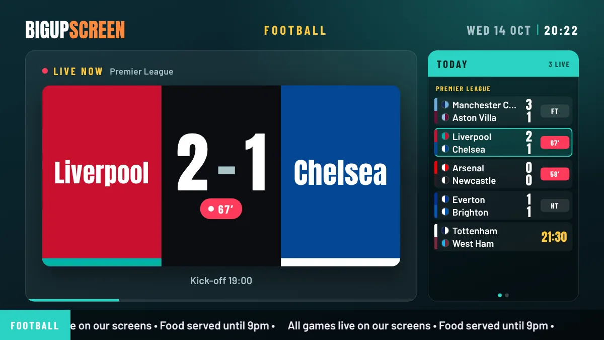 A football screen: a live match as a big scoreboard in the two teams’ colours, with today’s scores down the side (example scores)