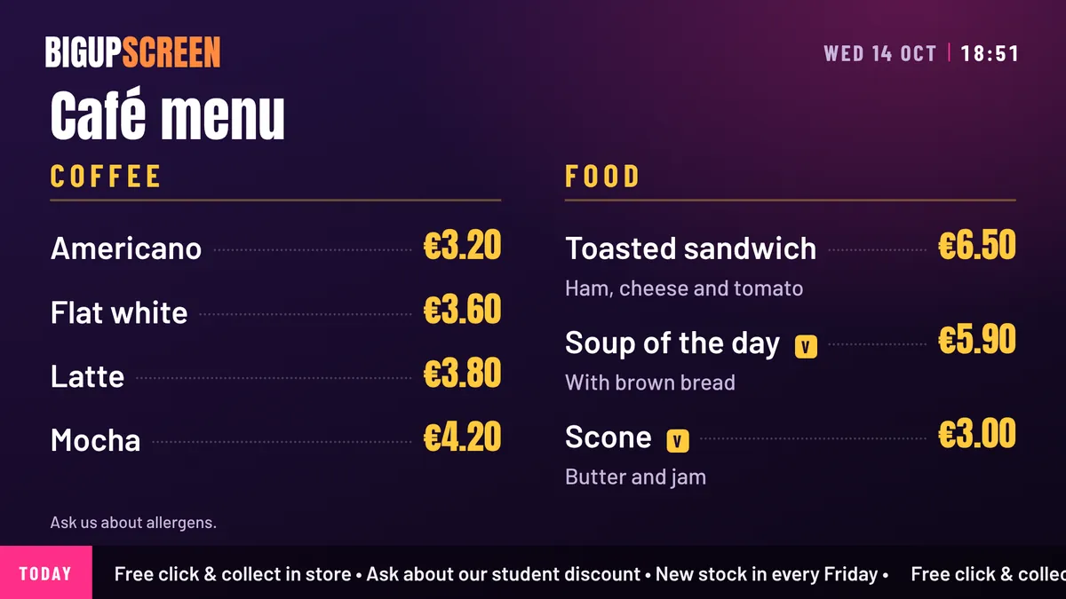A café menu board with coffee and food prices in two columns