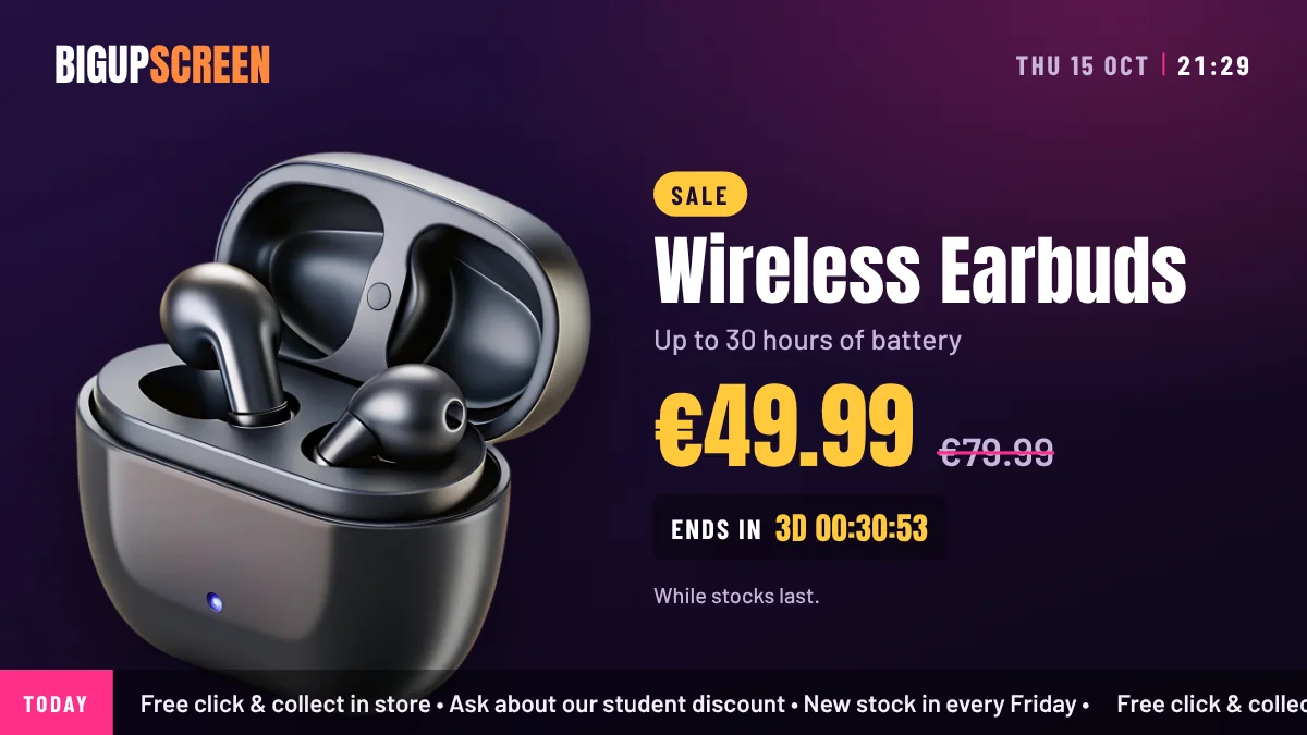 An offer screen: wireless earbuds, €49.99, was €79.99, with a countdown to the end of the sale