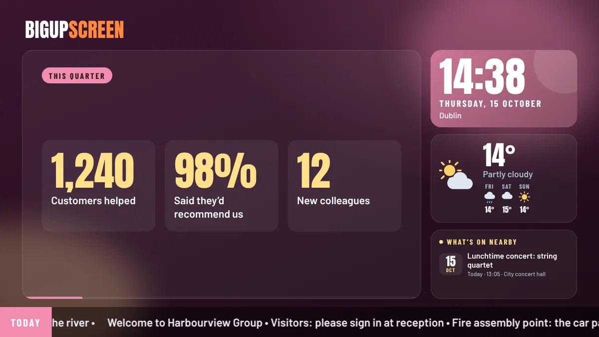 A quarter’s big numbers over soft glowing shapes in pink and gold