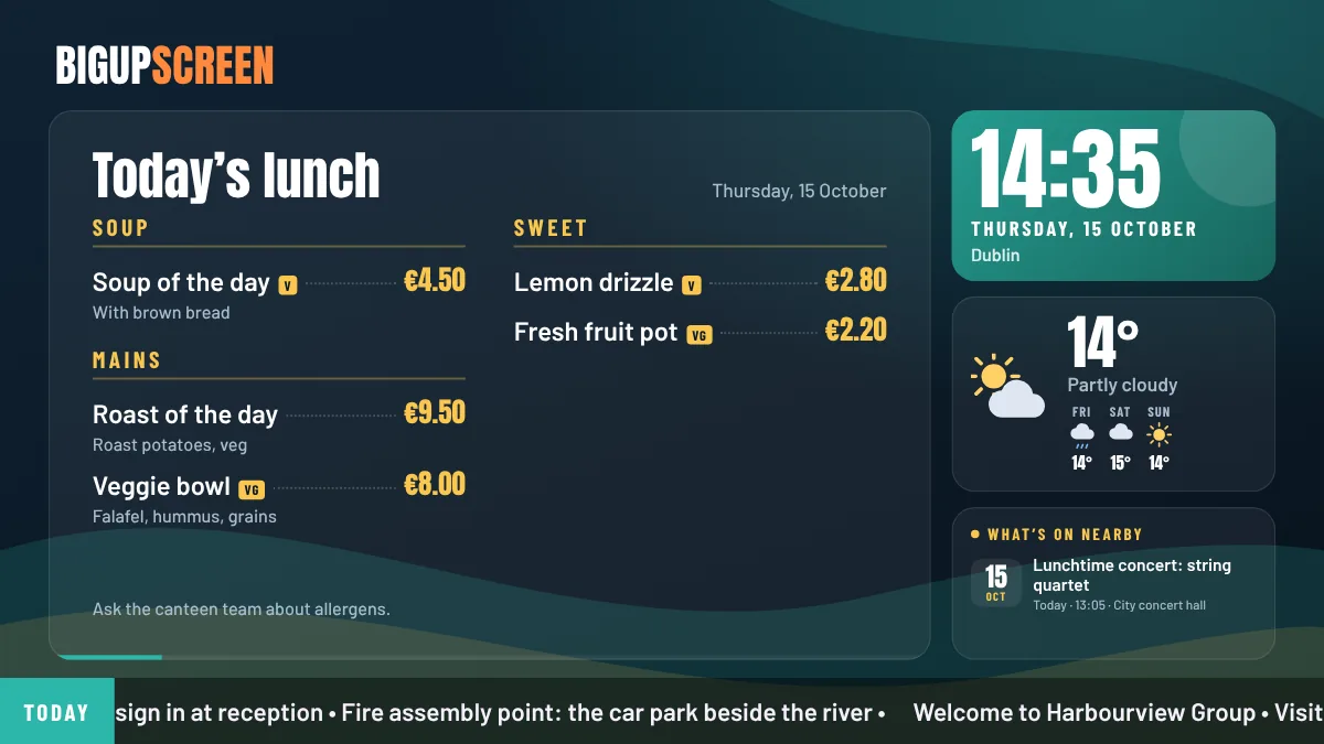 Today’s lunch menu with soups, mains and sweets, prices and dietary tags