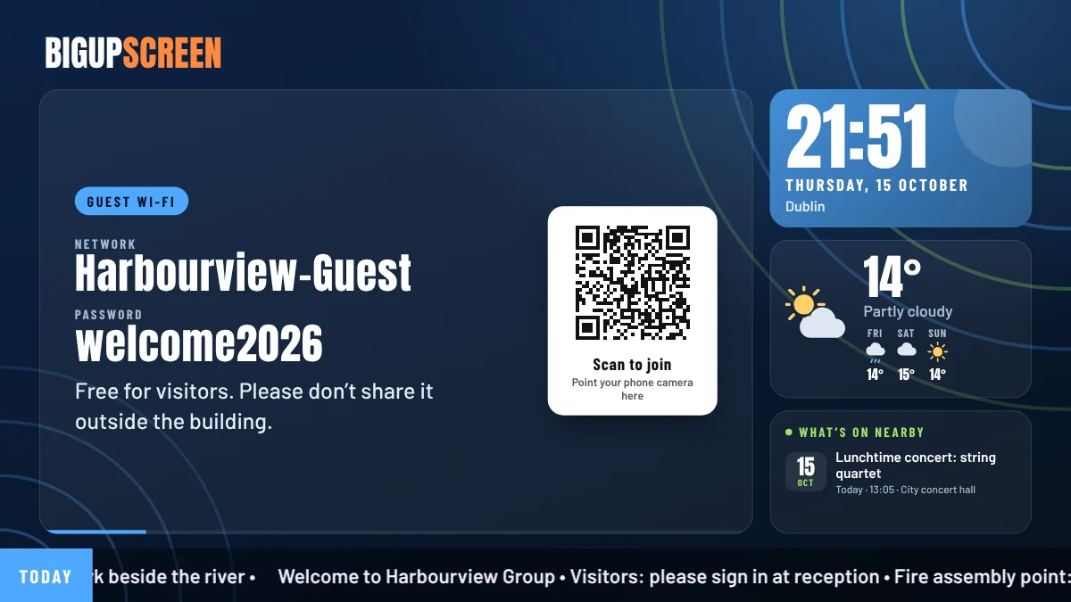 A guest Wi-Fi page with soft rings behind it, in blue and green