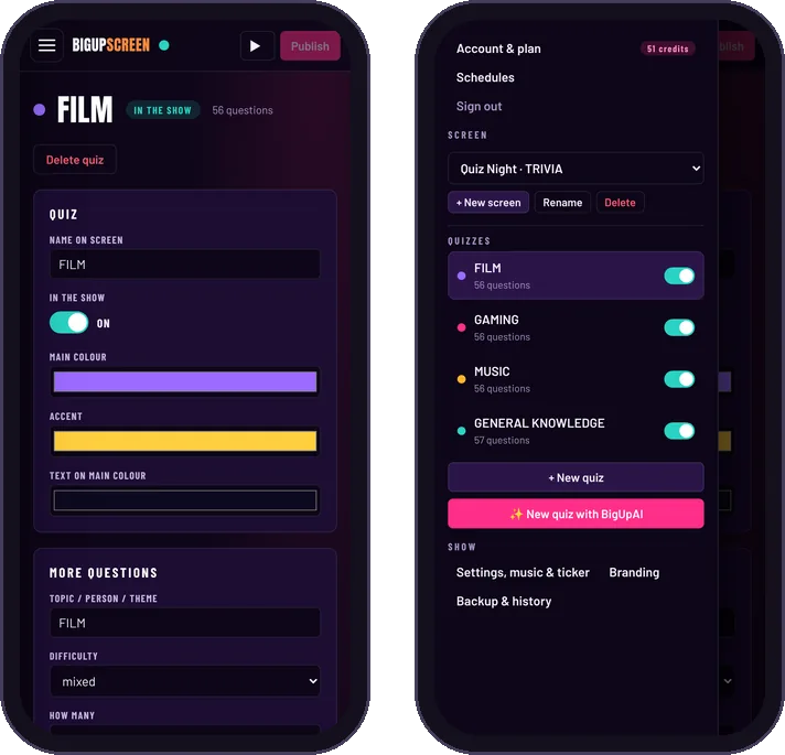 The bigupscreen studio on a phone: a quiz editor and the menu